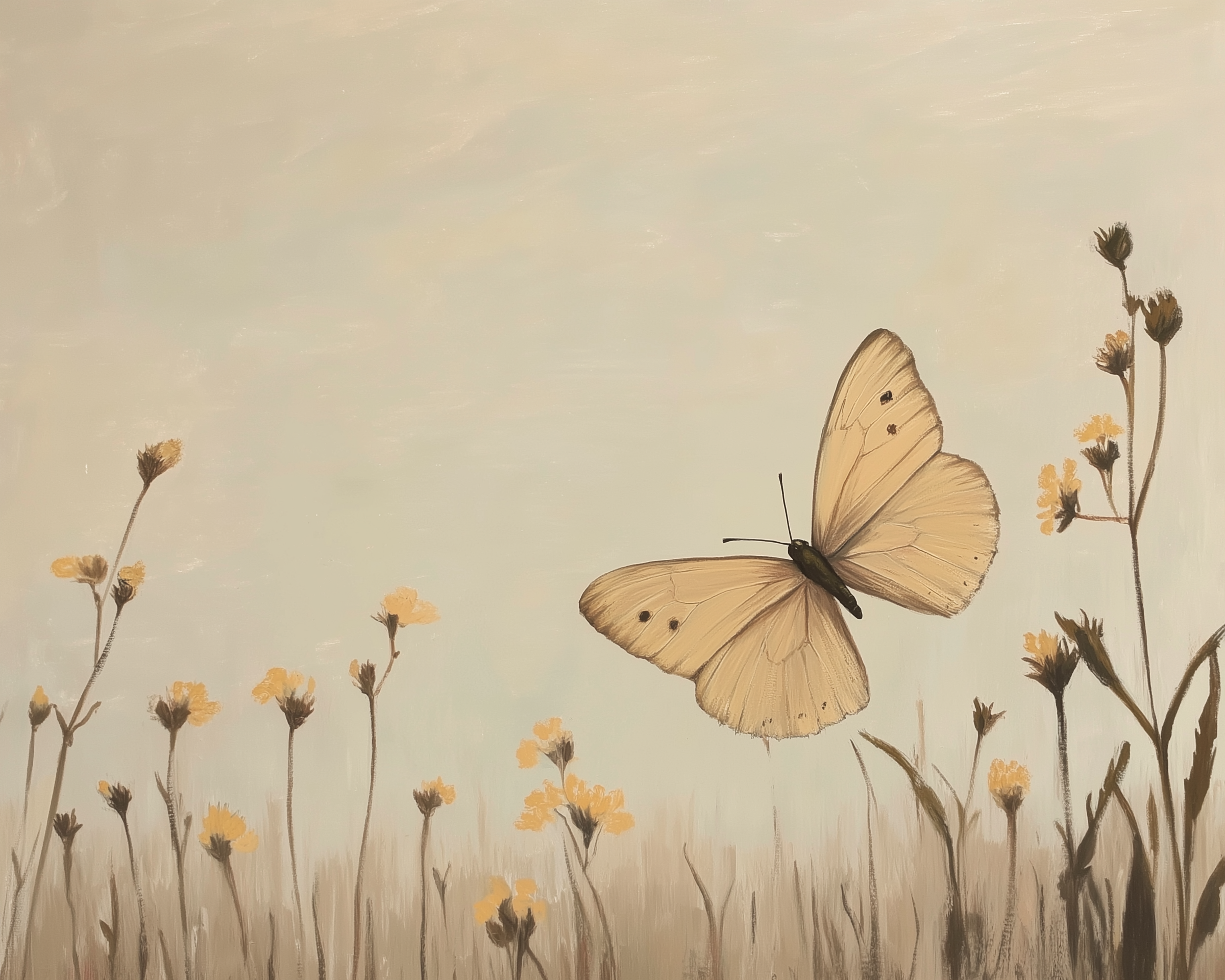 A delicate yellow butterfly flies among tall wildflowers, gently lit by soft, warm light under a pale sky.
