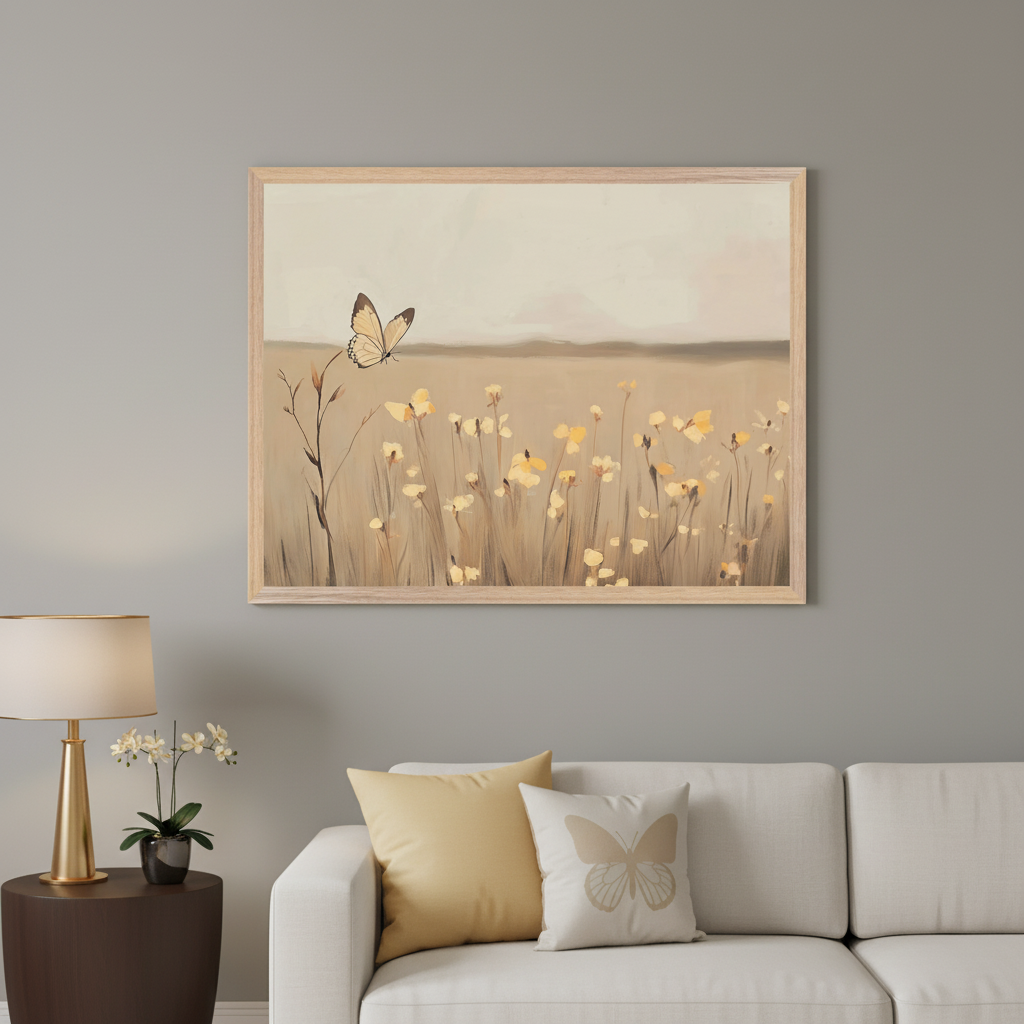 Modern living room with a white sofa. A large framed painting of a field of yellow flowers and a butterfly, rendered in a soft, painterly style, hangs centered above the sofa. A dark side table and gold lamp are to the left.