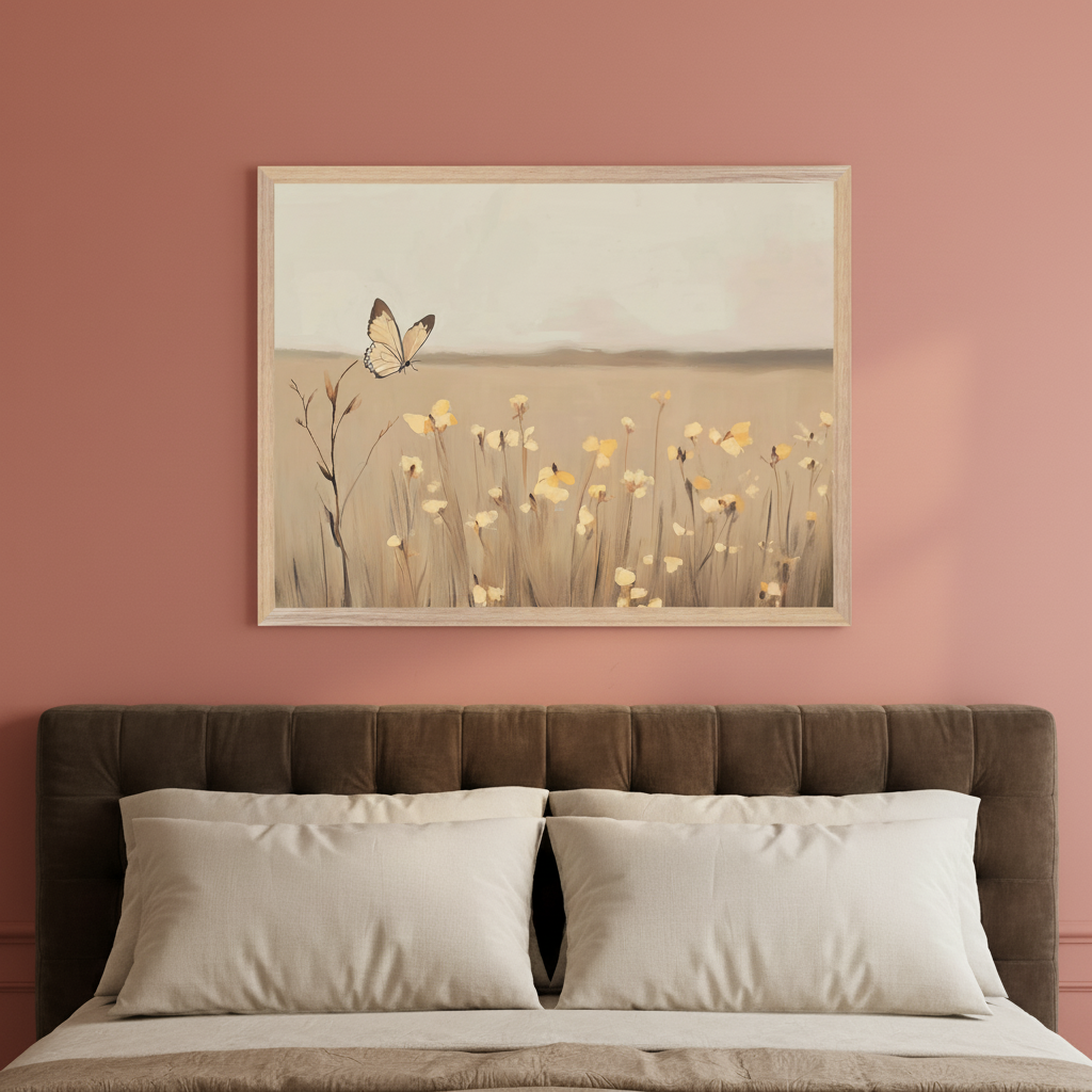 Modern bedroom with a dark brown tufted headboard and light pillows. A framed painting hangs centered above the bed, depicting a butterfly on a stem in a field of yellow flowers with a muted landscape background.