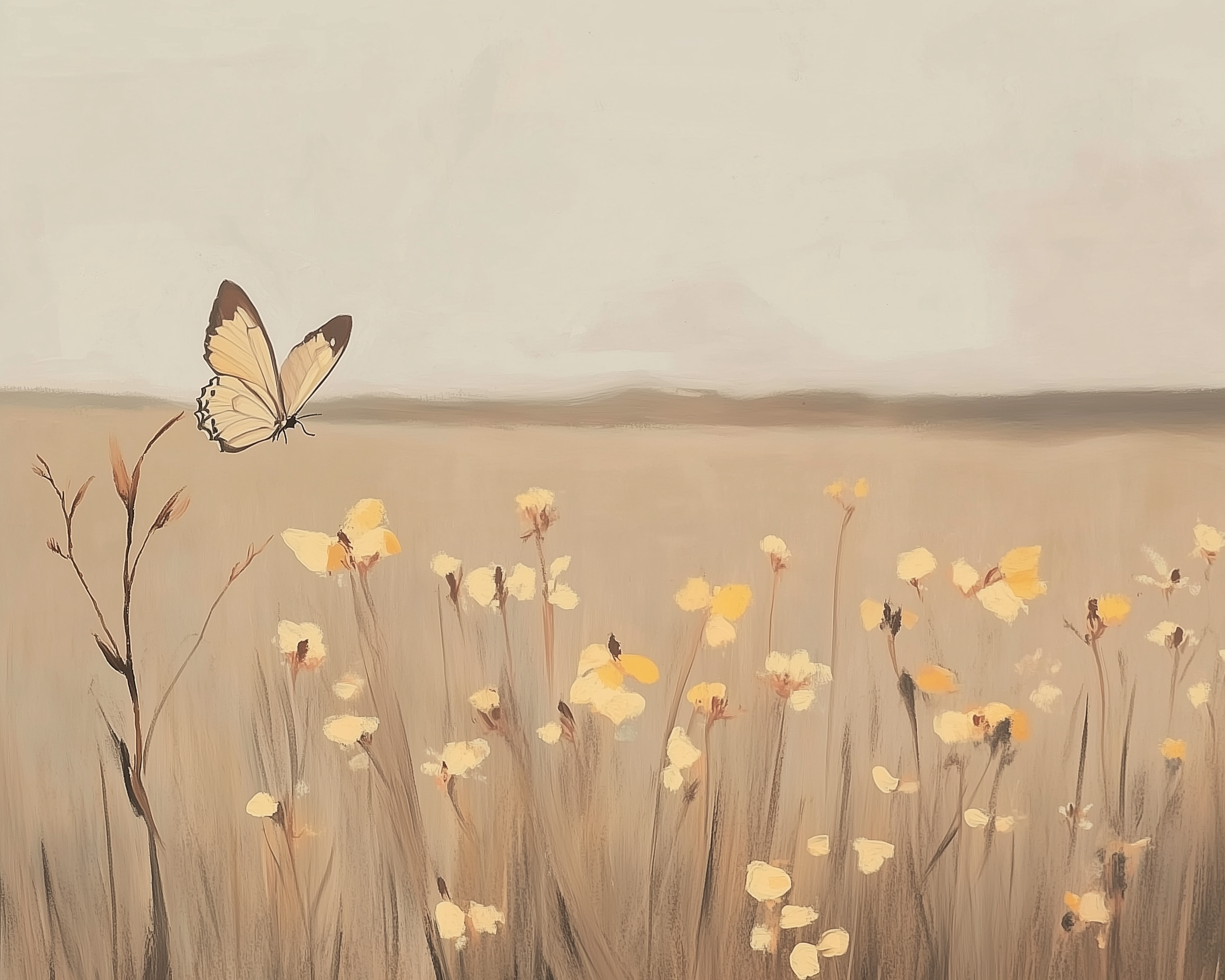 A lightly toned scene of a butterfly with creamy wings and dark tips gliding above a soft field dotted with tiny yellow flowers.

