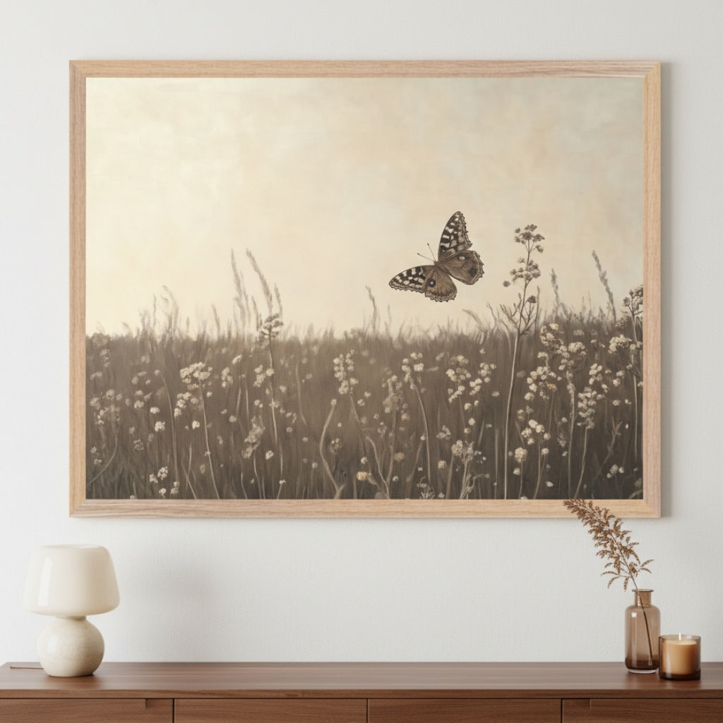 Modern room with a wooden dresser. A large light wood framed artwork of a sepia-toned field with tall grasses, small white flowers, and a flying butterfly hangs above the dresser. A cream lamp and vase with dried plants are on the dresser.