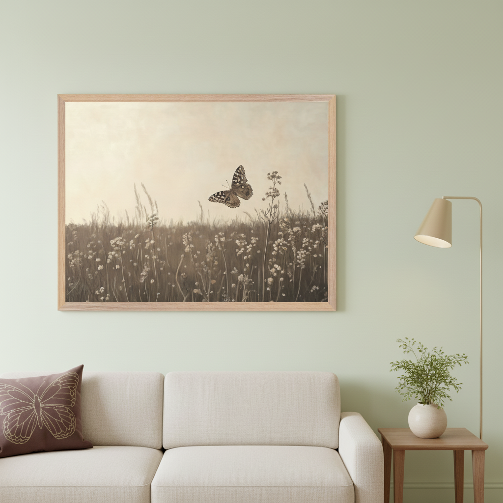 Living room with a light beige sofa. A large framed sepia-toned print of a butterfly flying over a field of wildflowers hangs centered above the sofa. A floor lamp and a side table with a plant are to the right.