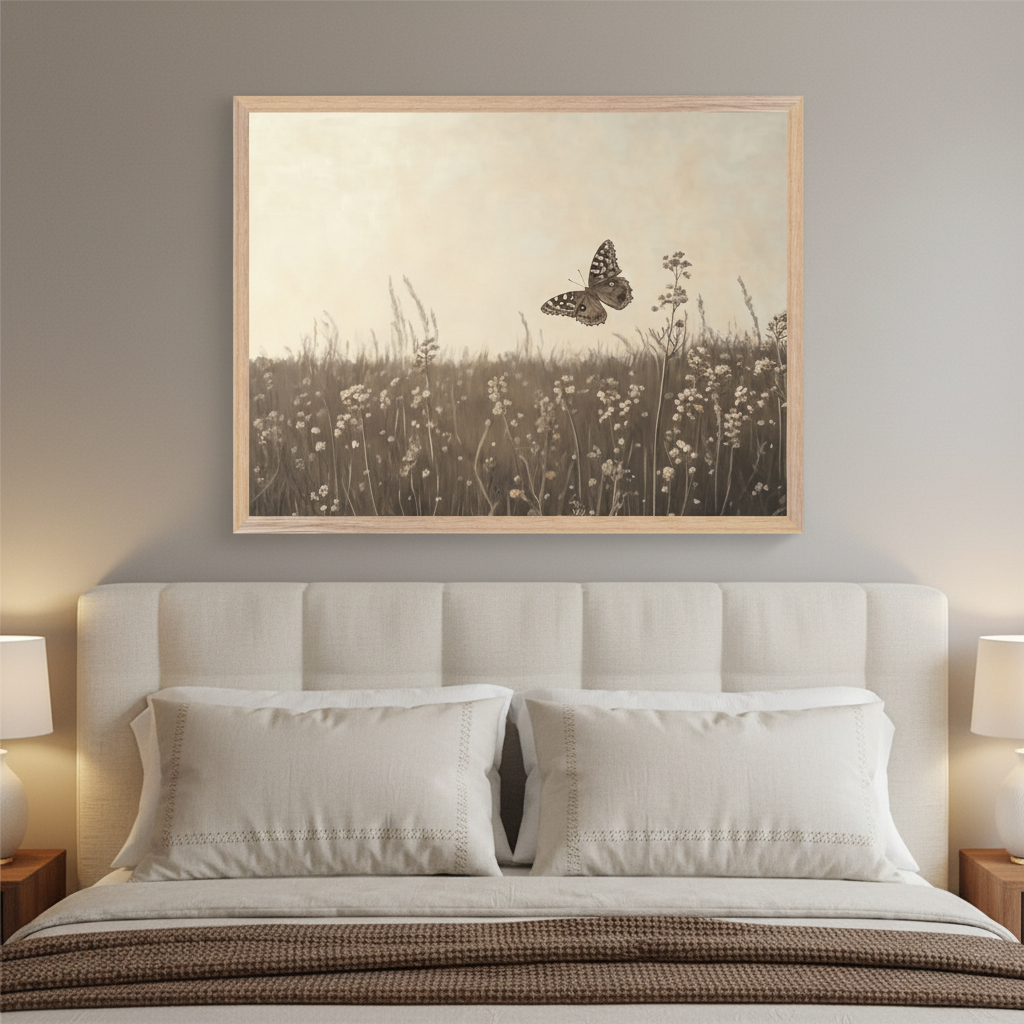 Neutral bedroom with a cream tufted bed. A large framed print of a sepia-toned field of wildflowers with a butterfly in flight hangs centered above the bed.