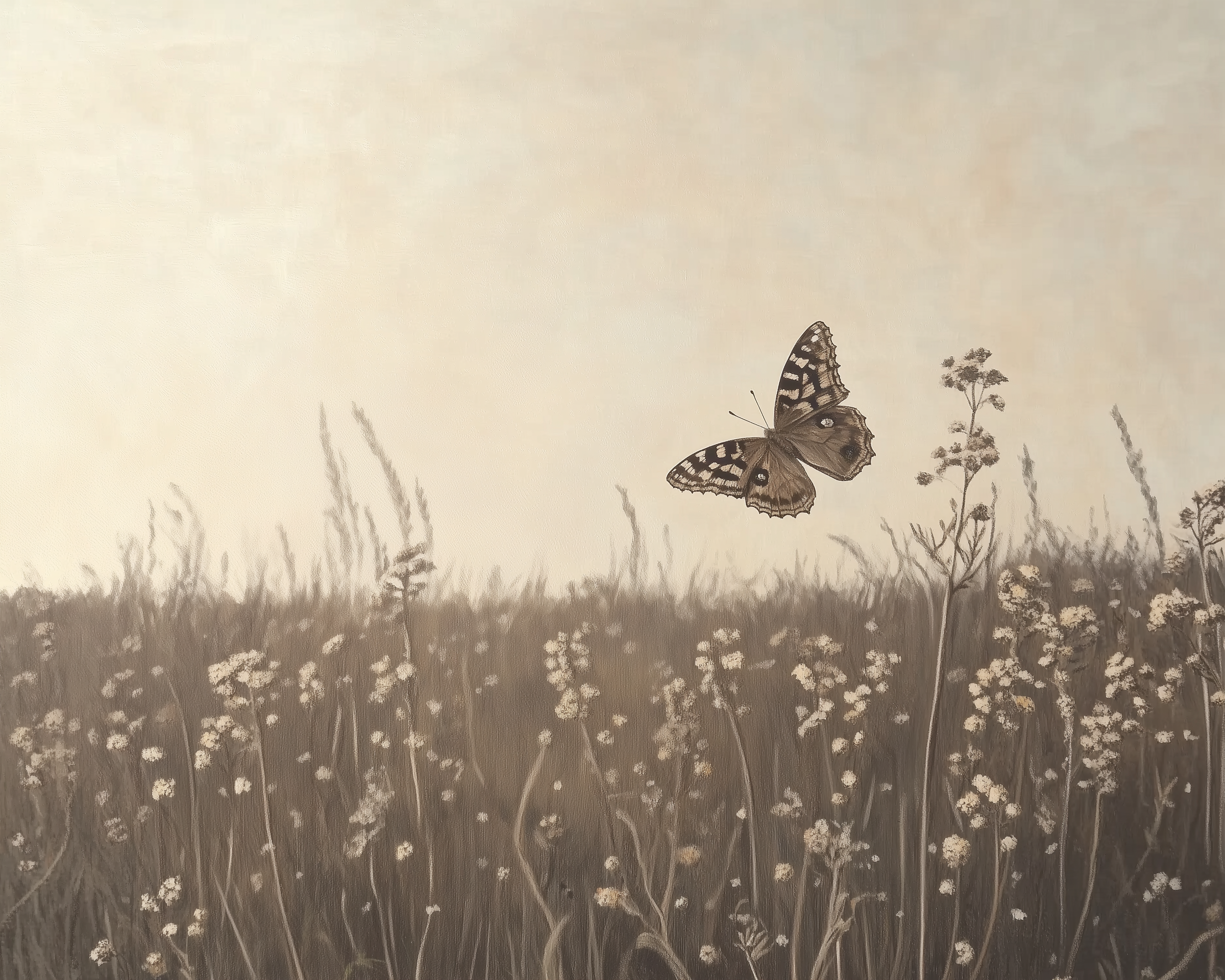 A brown butterfly with striped wings and eye-like markings flies above a sunlit field of dried wildflowers and tall grass.
