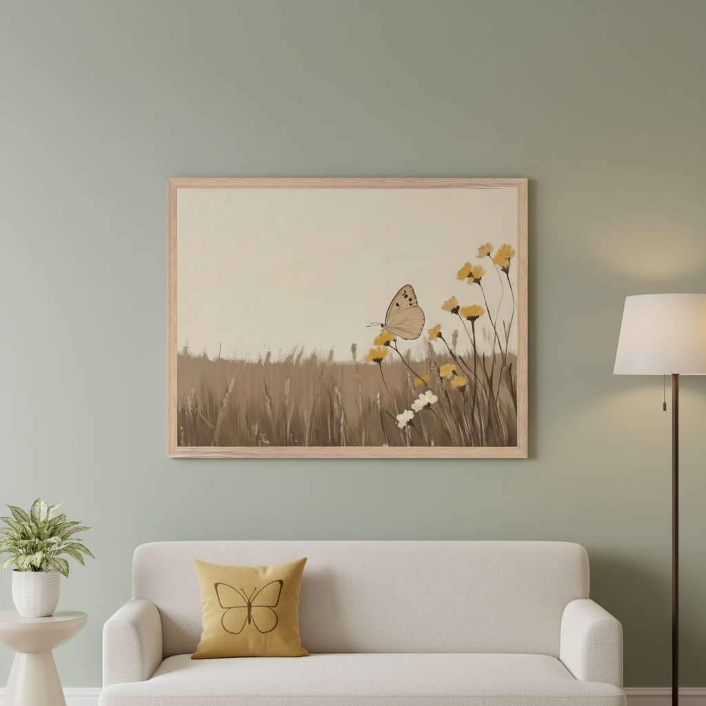 Living room with a white sofa. A large light wood-framed painting of a butterfly on yellow and white wildflowers in a brown field against a light beige background hangs above the sofa. A floor lamp and a potted plant on a side table are visible.