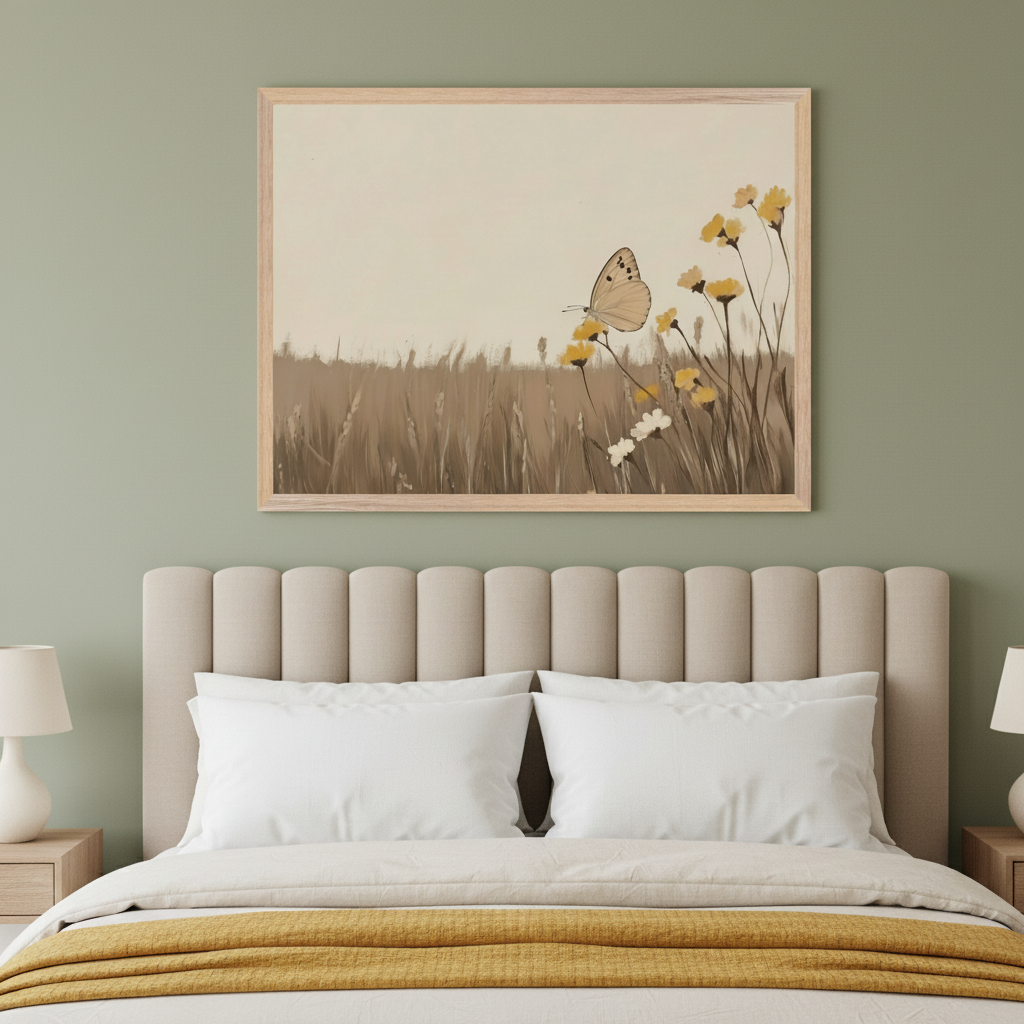 Modern bedroom with a beige upholstered bed and white bedding. A large framed painting of a field with tall brown grasses, yellow and white wildflowers, and a light brown butterfly rests centered above the headboard.