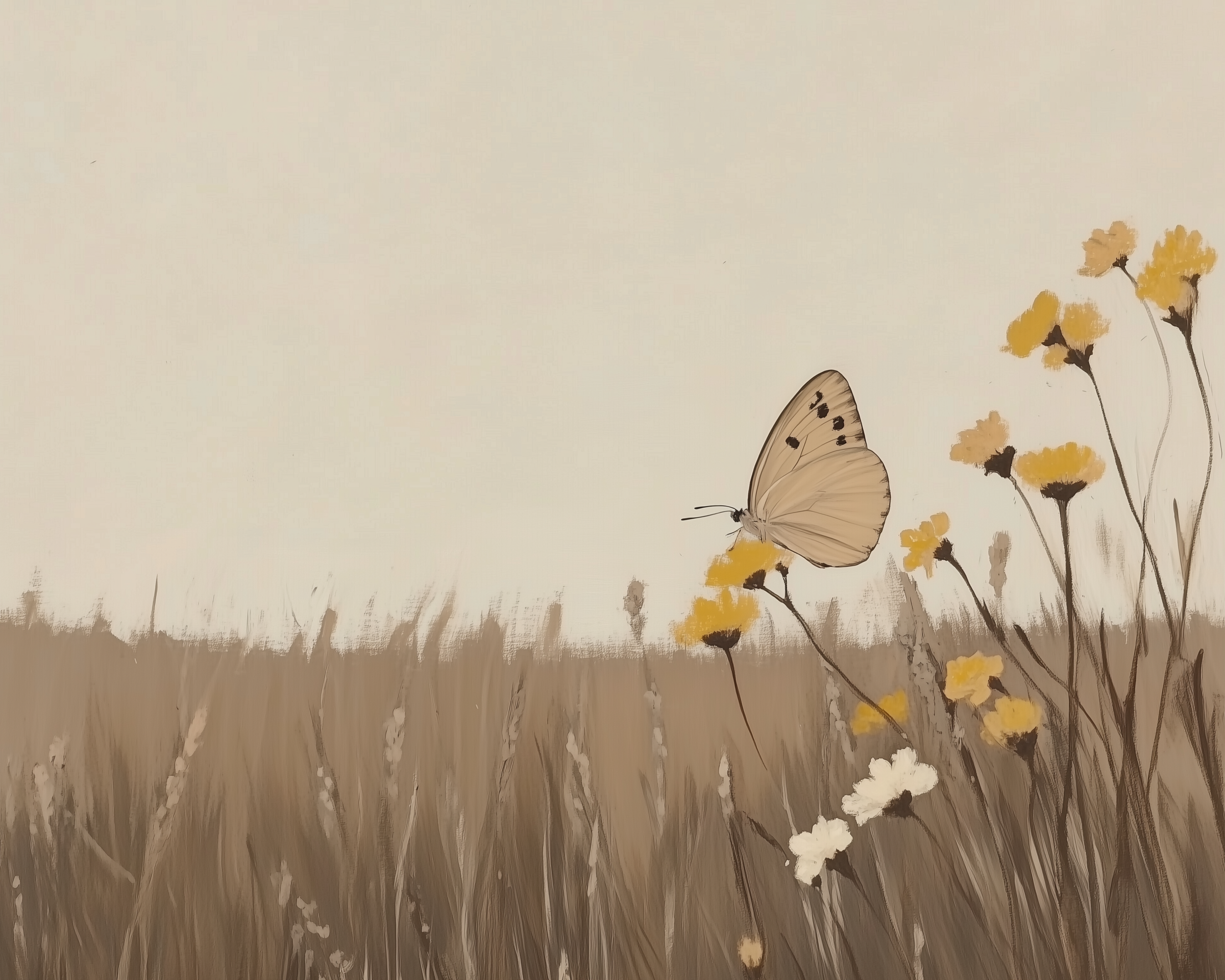 A soft pastel painting of a pale butterfly perched on yellow wildflowers, surrounded by gentle grasses under an open cream sky.
