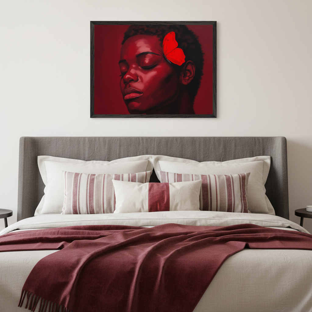 Modern bedroom with a grey upholstered bed, cream bedding, and burgundy accents. A framed, monochromatic red portrait of a person with short dark hair, closed eyes, and a red butterfly on their temple hangs centered above the bed.