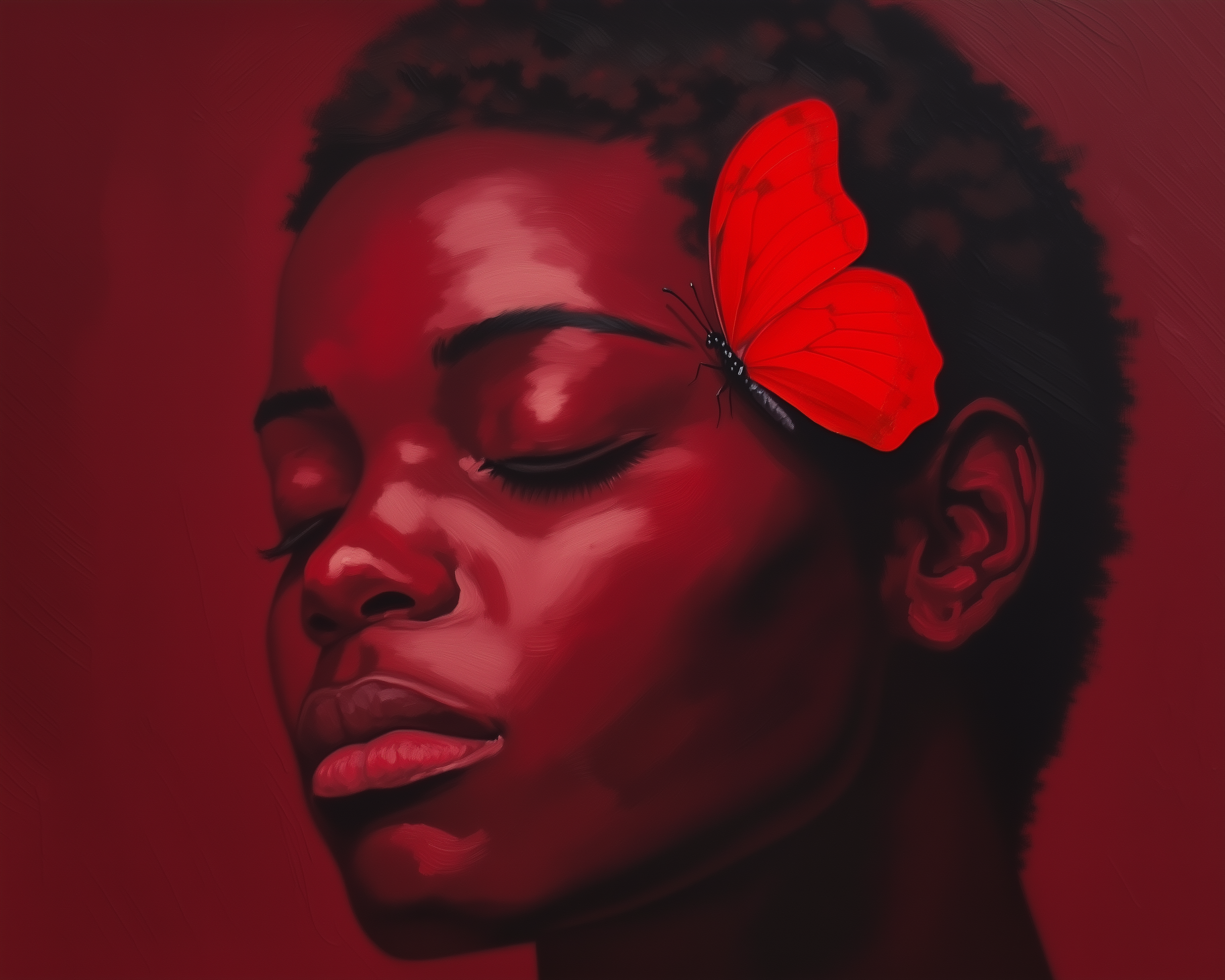 A vivid red butterfly rests above the eye of a serene woman with closed eyes, her skin and background glowing in rich crimson tones.
