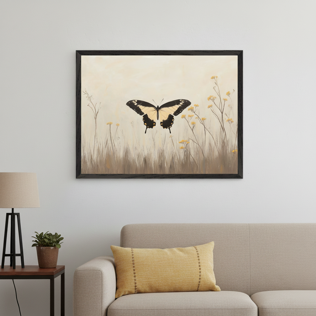 Living room with a large framed painting hanging above a beige sofa. The artwork depicts a black and yellow butterfly flying above tall brown grass and small yellow flowers on a light cream background. A side table with a black lamp and a potted plant is to the left of the sofa.