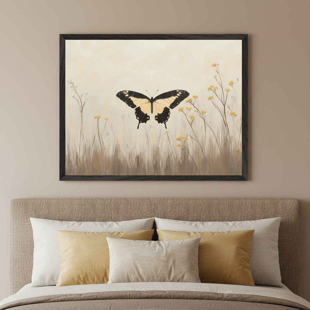 Modern bedroom with a beige upholstered bed and varied pillows. A large black-framed painterly artwork hangs above the bed, featuring a yellow and black butterfly over brown grasses and yellow wildflowers, against a light cream background.
