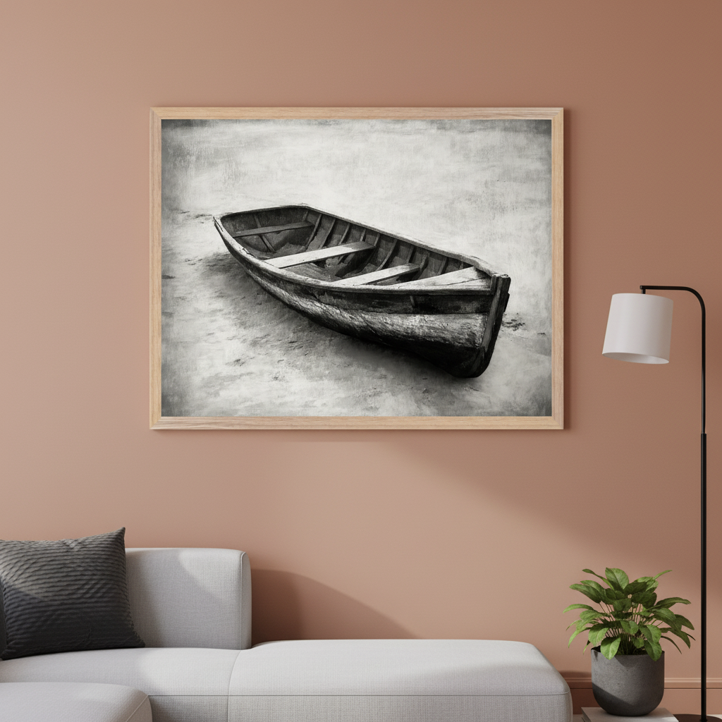Modern living room with a large, framed black and white art print of an old wooden boat on sand, centered above a grey sectional sofa. A black floor lamp and a potted plant are to the right.