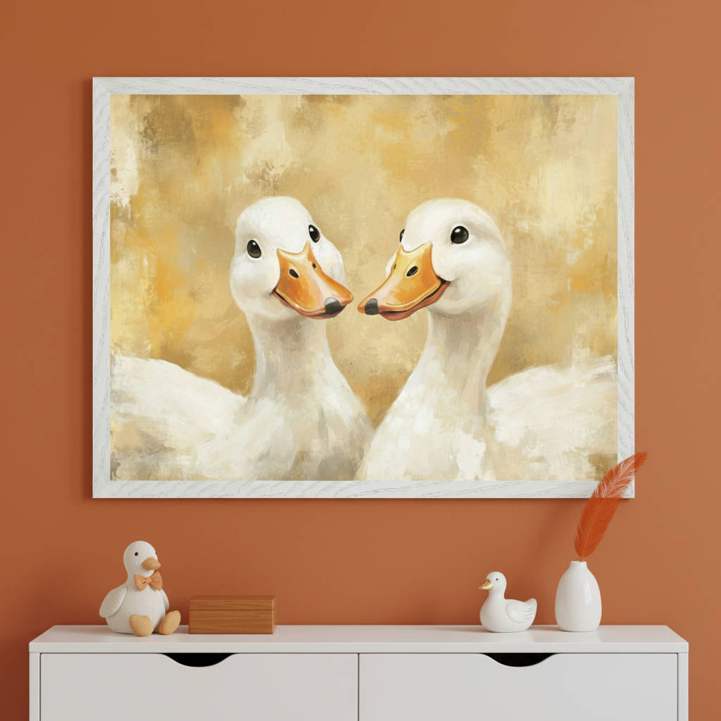 Modern nursery with a white dresser against a terracotta wall. A large framed painting of two white ducks in a painterly style, facing each other on a golden background, hangs above the dresser. A stuffed duck, wooden box, ceramic duck, and vase with an orange feather are on the dresser.