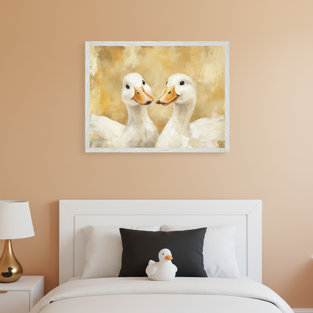 Bedroom with a white bed, headboard, and nightstand with a gold lamp. A black pillow and white plush duck toy are on the bed. A framed painting of two white ducks with orange beaks, in a painterly style against a golden background, hangs above the bed.