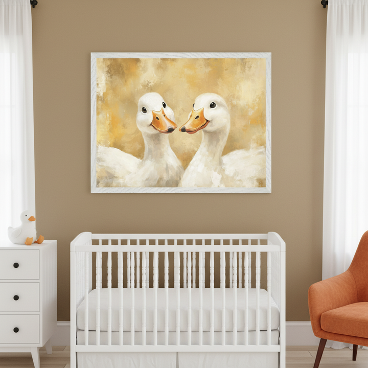 Modern nursery with tan walls. A large framed painting of two white ducks hangs centered above a white crib. A white dresser with a duck toy is on the left; an orange armchair is on the right.