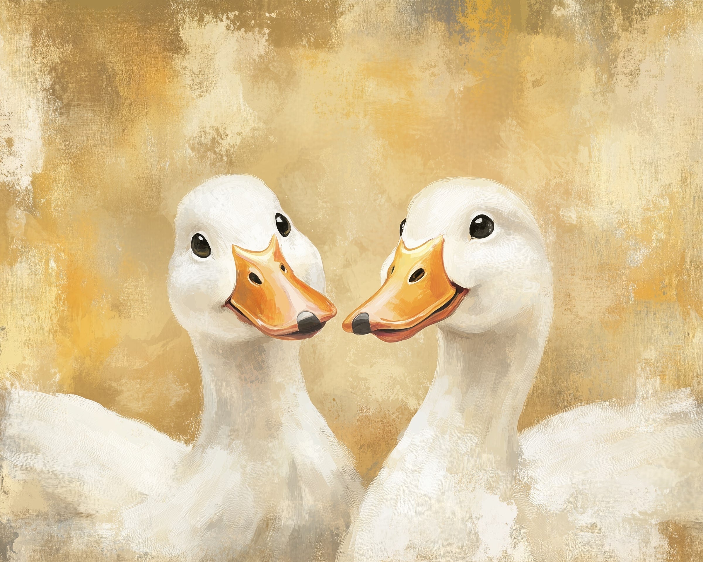 Duck Wall Art for Nursery, Playroom or Kids Bedrooms - Sweet White Ducks with Warm Neutral Background - Happy Pair