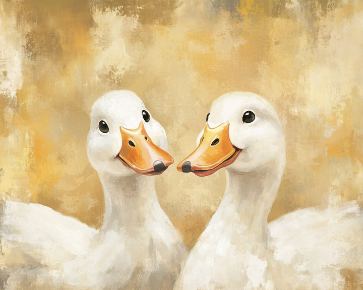 Two white ducks with bright orange beaks gaze at each other with cheerful expressions against a warm, textured yellow and beige background. Their heads are tilted slightly, creating a playful and affectionate mood.