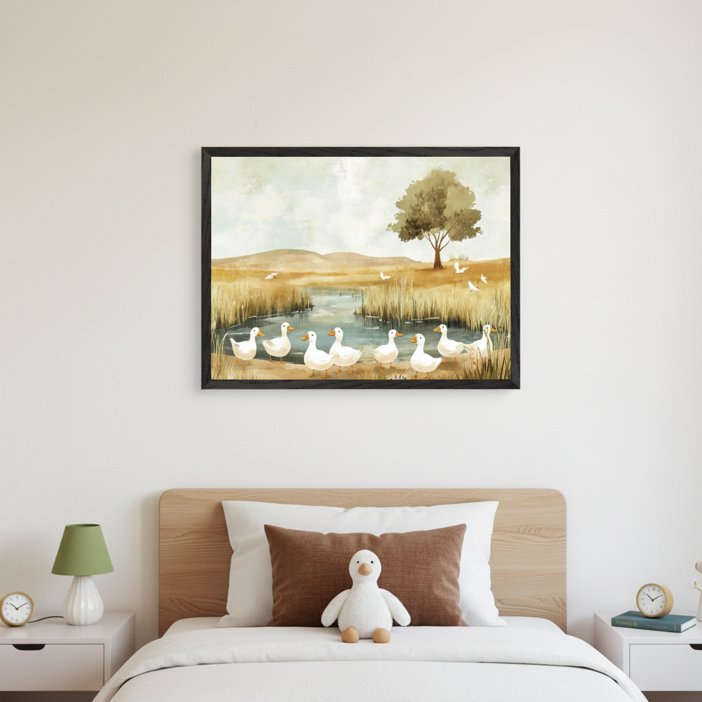 Kid's bedroom with a wooden bed and white nightstands. A large framed watercolor painting of a line of white ducks by a stream in a grassy field with a tree hangs centered above the bed.