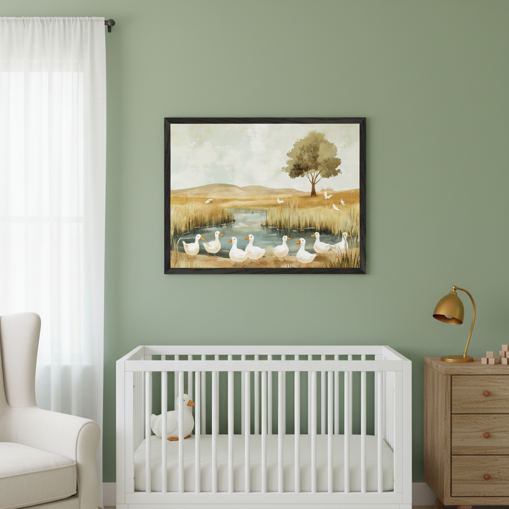 Modern nursery with a white crib, cream armchair, and wooden dresser against a sage green wall. A large framed print of white ducks walking by a pond with a tree and flying birds in a painterly style hangs above the crib.