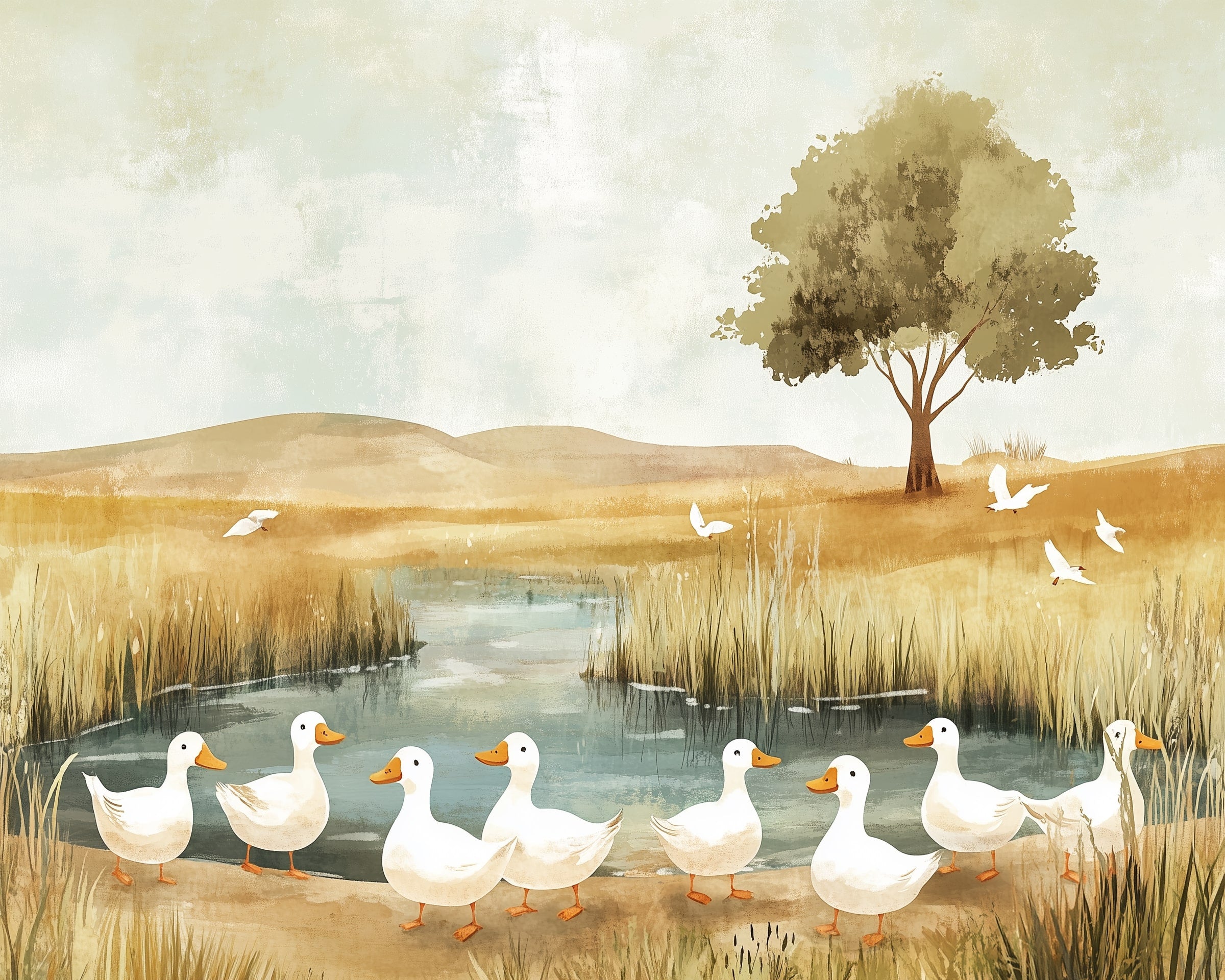A line of white ducks walks alongside a calm pond surrounded by tall grasses and golden fields, with a single tree in the background and white birds flying through a pale sky. The scene has a peaceful, pastoral atmosphere.