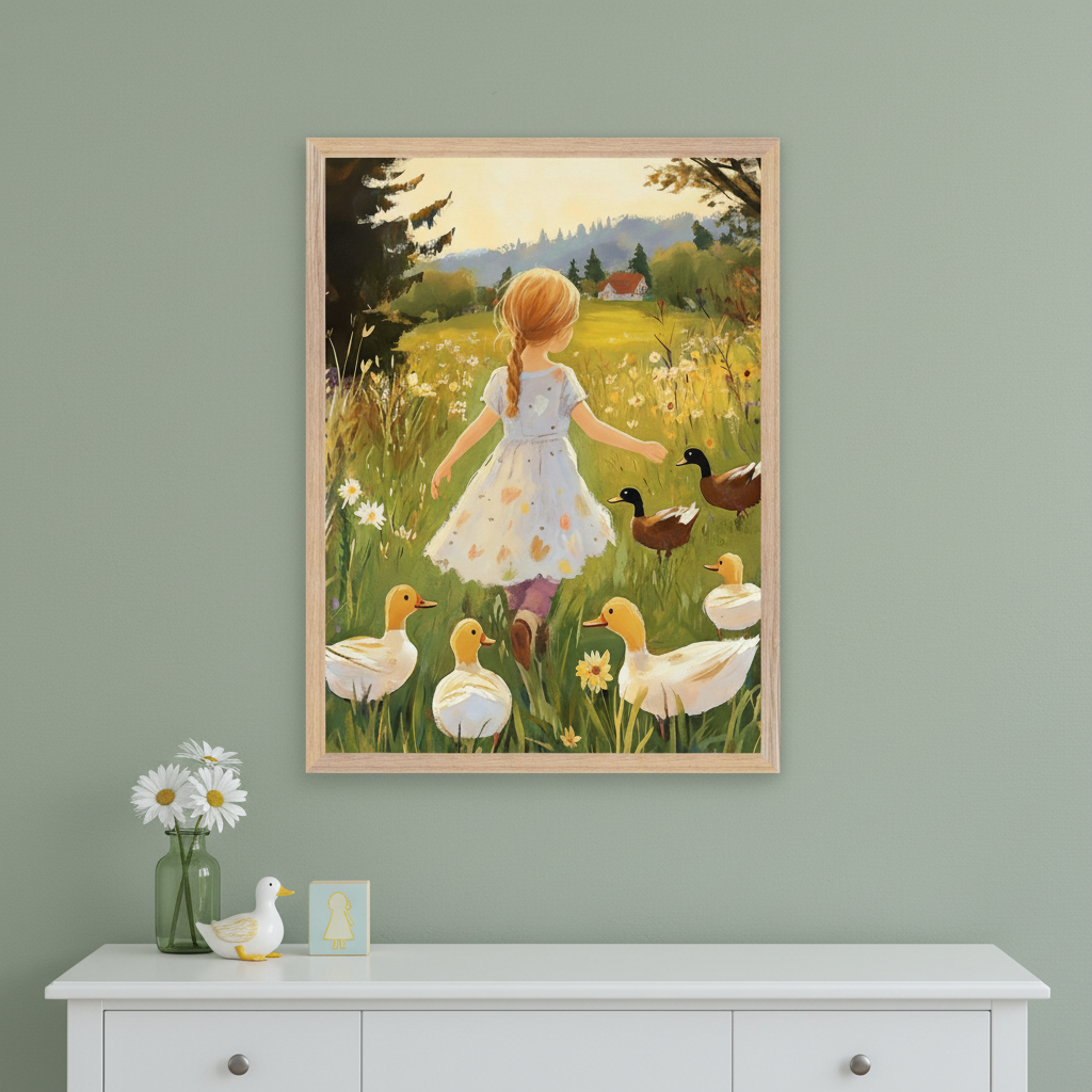 Kid's room with a white dresser. A framed painting of a girl with pigtails in a white dress walking through a sunny wildflower field with ducks, in an illustrative style, hangs centered above the dresser.