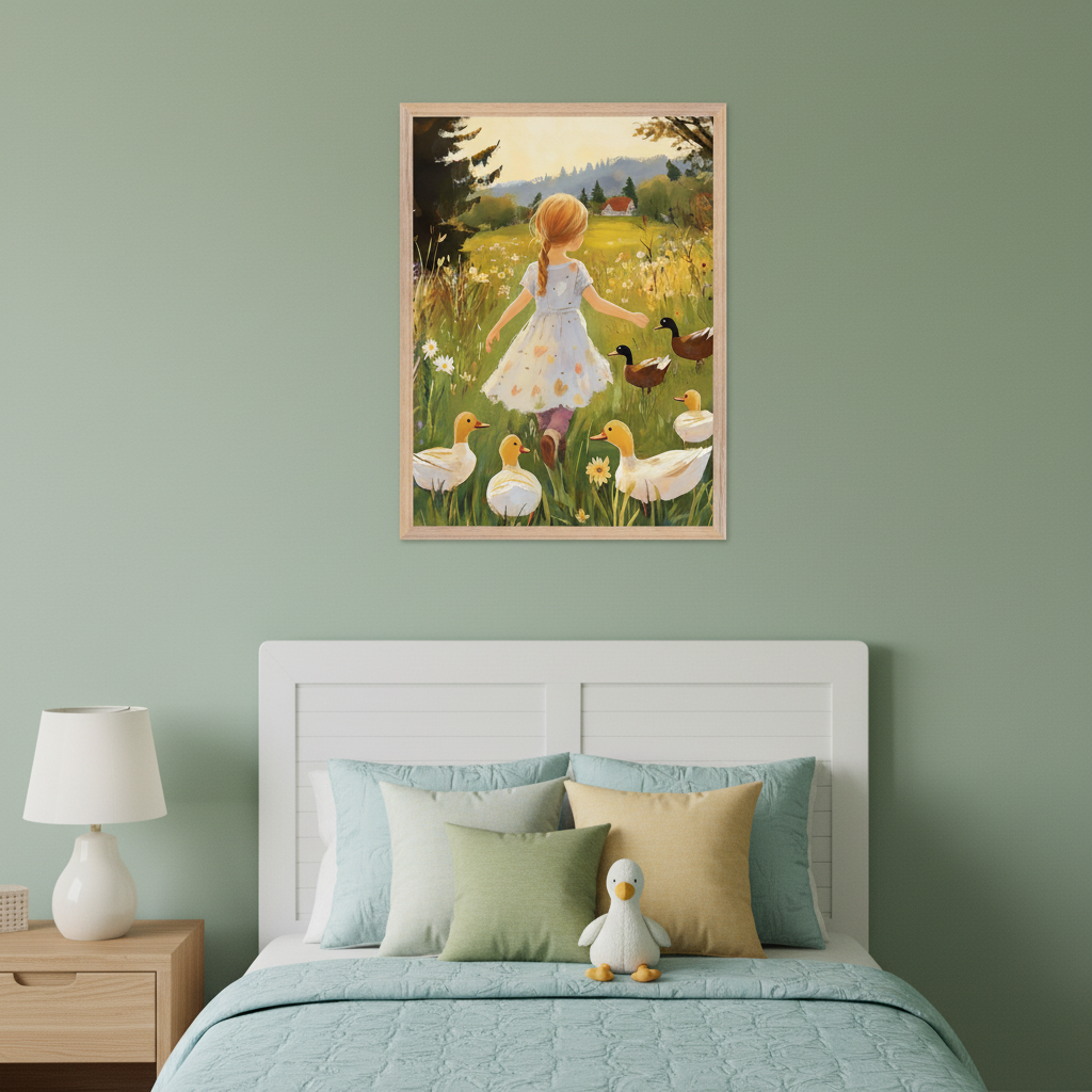 Kid's bedroom with a white bed and headboard, nightstand with lamp. A framed painting of a girl in a white dress walking in a grassy field with ducks around her, with a village and hills in the background, hangs above the bed to the right.