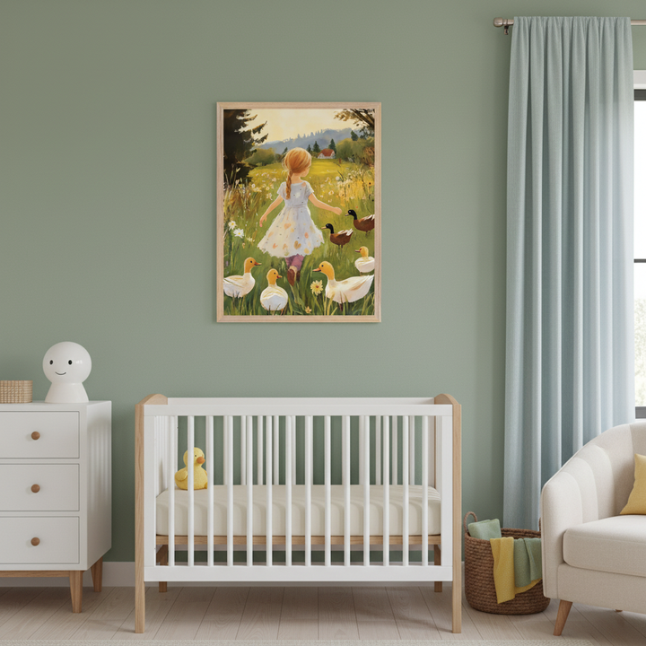 Modern nursery with a sage green wall. A white crib is centered below a framed painting of a blonde girl in a white dress walking with ducks in a grassy field. A white dresser is to the left, and a cream armchair to the right, with light blue curtains.