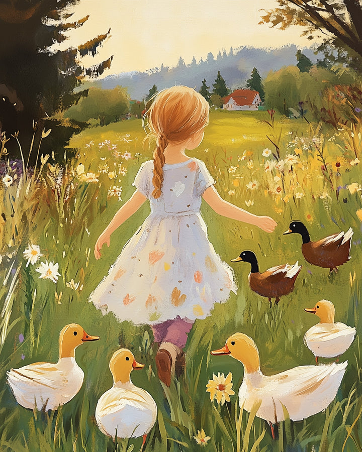 A young girl in a white dress with pastel hearts walks barefoot through a wildflower meadow, surrounded by white and brown ducks. The background features a golden field, distant trees, and a house under a softly glowing sky.