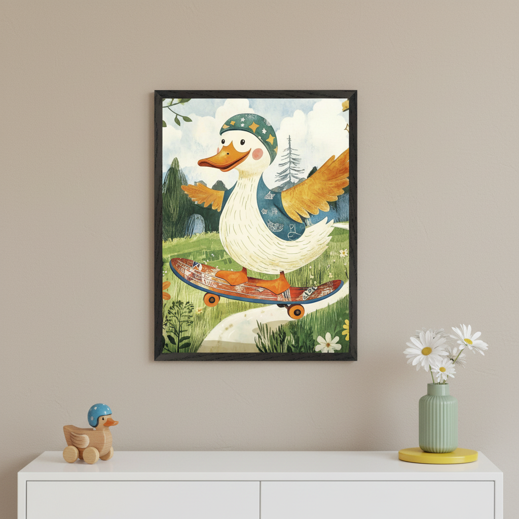 Kid's room with a framed illustration of a cartoon duck on a skateboard, wearing a helmet and patterned shirt, rolling down a path in a green landscape. The art hangs centered above a white dresser. A wooden toy duck and daisies in a vase are on the dresser.