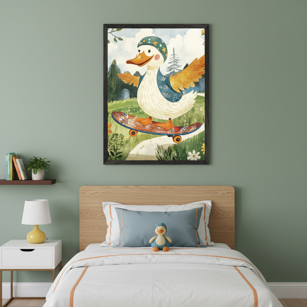 Kid's bedroom with a wooden bed, white nightstand, and small shelf. A large black-framed print of a cartoon duck wearing a helmet and riding a skateboard in a green landscape hangs above the bed.