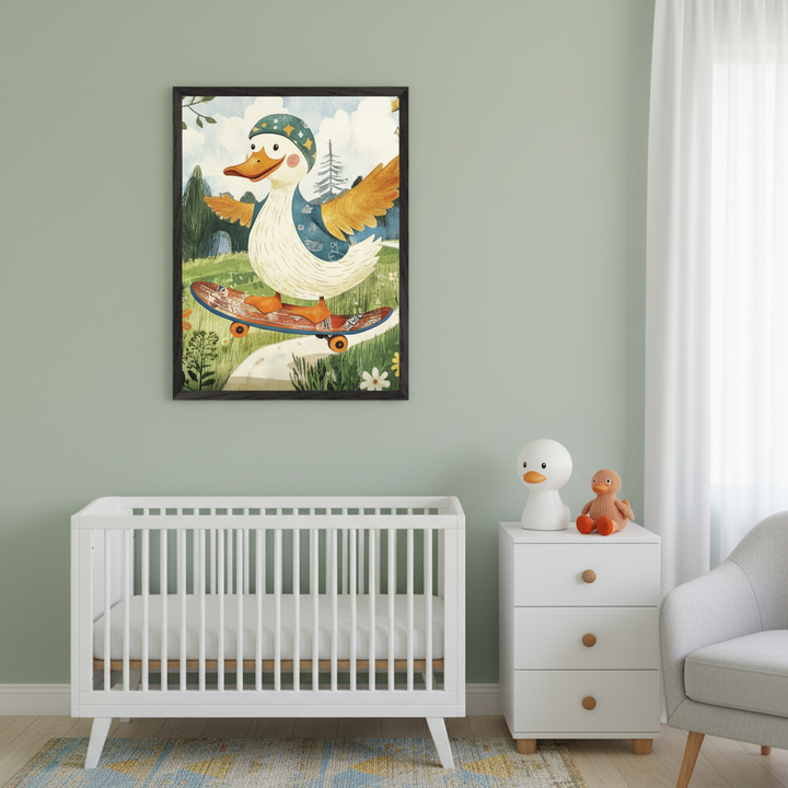 Modern nursery with a white crib and dresser, and a gray armchair against a sage green wall. A framed illustration of a duck in a helmet and vest riding a skateboard hangs above the crib.