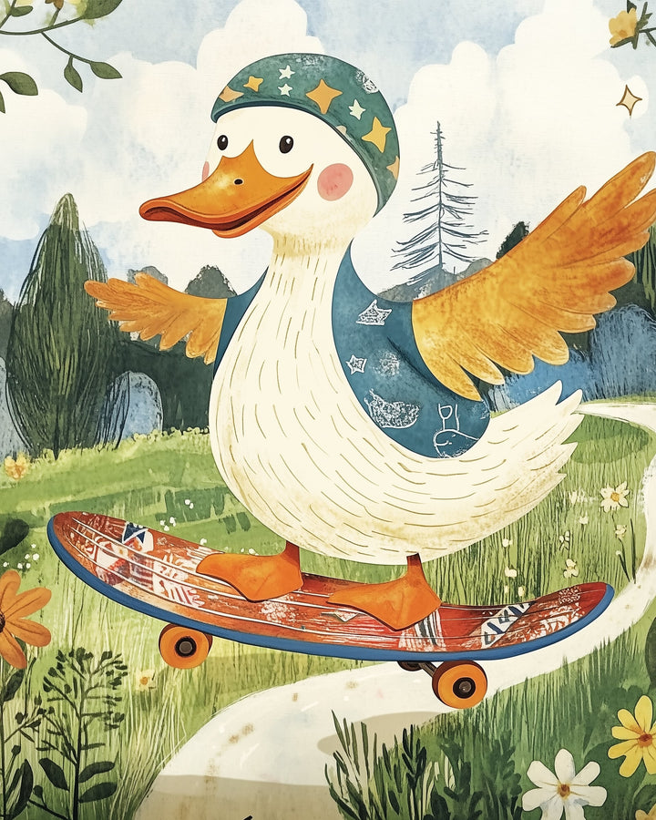 A cheerful cartoon duck wearing a starry blue helmet and matching jacket rides a patterned red skateboard along a winding path in a grassy park. The duck's wings are outstretched as if balancing mid-ride.