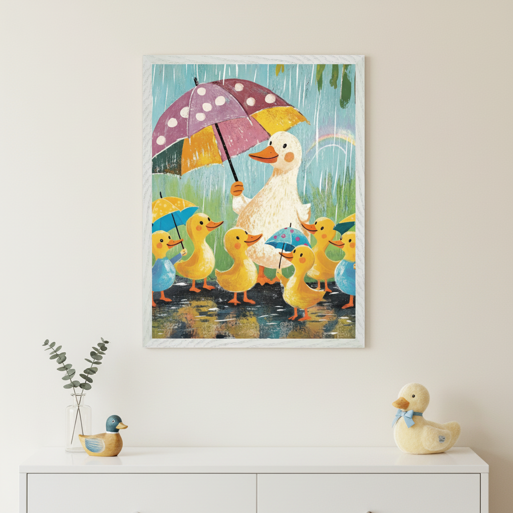 Modern nursery with a white dresser. A framed illustrative painting of a white mother duck holding a polka-dot umbrella, sheltering yellow ducklings in the rain, hangs above. A vase with eucalyptus, a wooden duck, and a plush duck are on the dresser.