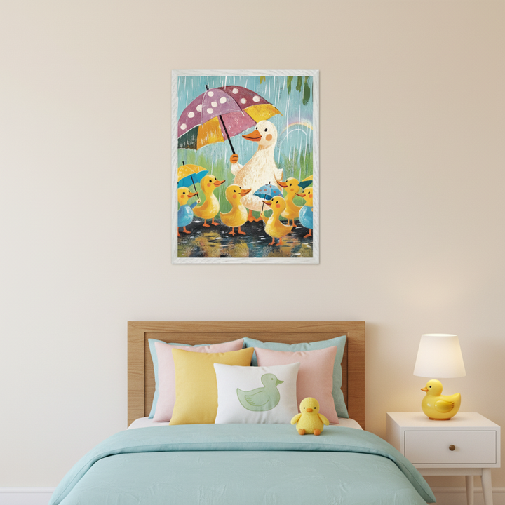Kid's bedroom with a wooden bed and blue bedding. A framed illustration of a mother duck with a polka-dotted umbrella sheltering several ducklings in the rain hangs above the bed. A white nightstand with a yellow duck lamp is beside the bed.