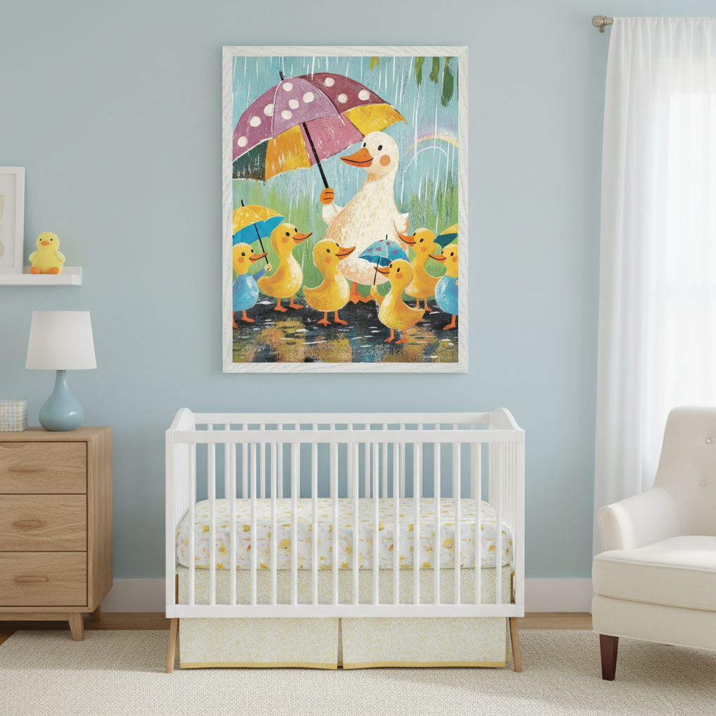 Light blue nursery with a white crib and wooden dresser. A large framed illustration of a mother duck holding an umbrella over several ducklings in the rain, with a rainbow, hangs above the crib. A white armchair is to the right.
