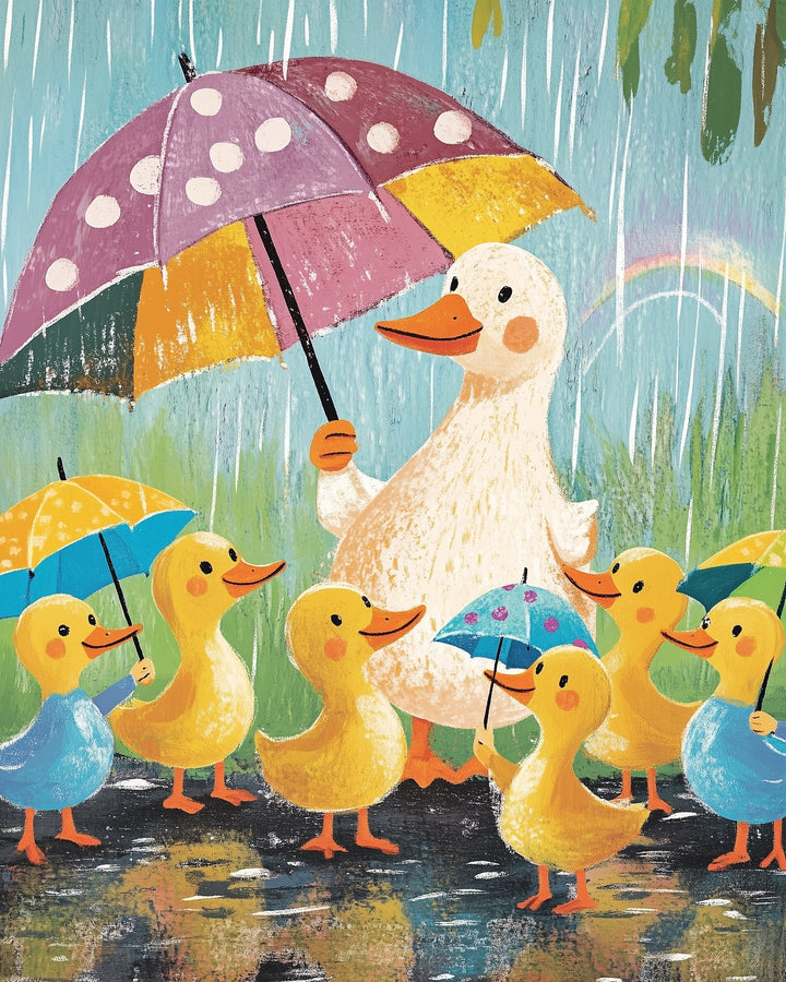 A large duck holds a multicolored umbrella while surrounded by several ducklings, each holding their own bright umbrella. The group stands in the rain on a reflective puddled path, with a rainbow faintly arching in the background.