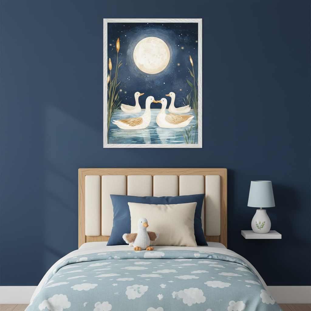 Kid's bedroom with a single bed and light wood headboard. Above the bed, a framed watercolor painting depicts four ducks on water under a full moon and starry sky. A duck plush toy sits on the cloud-patterned duvet, with a lamp on a white shelf to the right.