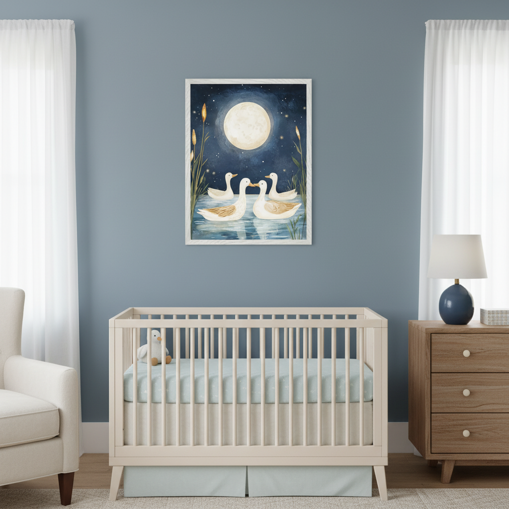 Modern nursery with a light wood crib, armchair, and dresser. A framed painting of three white ducks on water under a full moon and starry sky with reeds hangs on the blue wall, centered above the crib.
