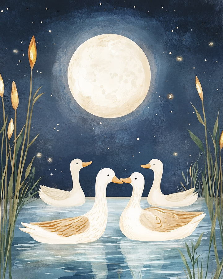 Four white ducks float calmly on a moonlit pond surrounded by reeds, with a large glowing full moon and twinkling stars in the deep blue night sky. The serene setting creates a dreamy, magical feeling.