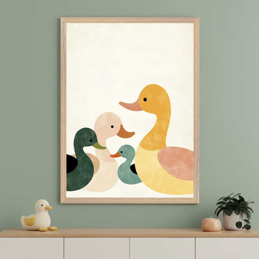 Modern child's room with a light wood dresser and white cabinets. A large framed print of four minimalist, flat-color ducks (yellow, pink, green, teal) hangs centered above the dresser. A duck plushie and a potted plant are on the dresser.