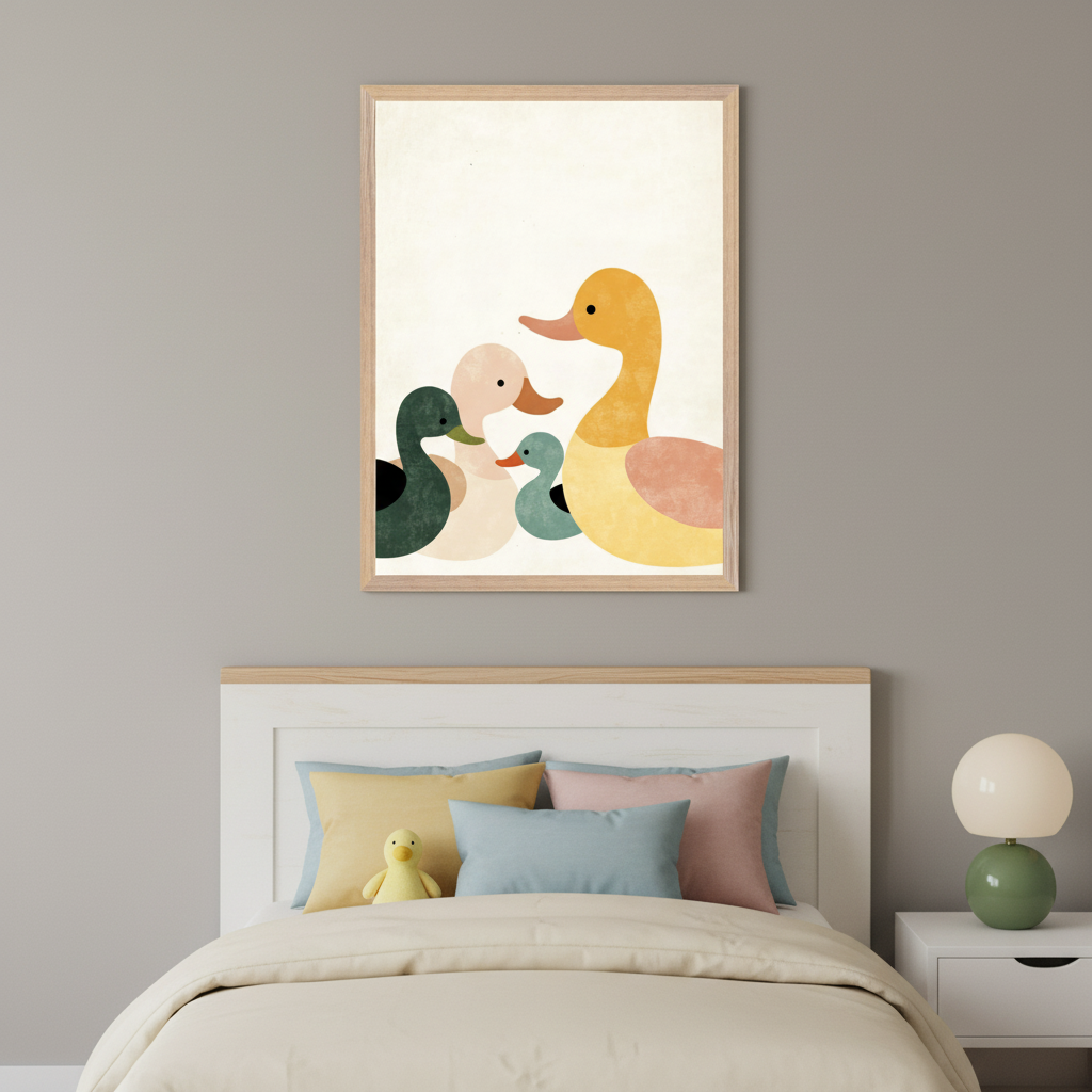 Kid's bedroom with a gray wall and white bed featuring a wood headboard. A framed minimalist print of five colorful ducks hangs centered above the bed. A white nightstand with a green lamp is to the right.