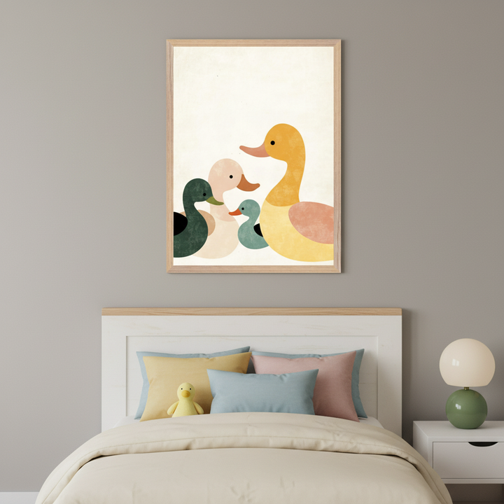 Kid's bedroom with a gray wall and white bed featuring a wood headboard. A framed minimalist print of five colorful ducks hangs centered above the bed. A white nightstand with a green lamp is to the right.