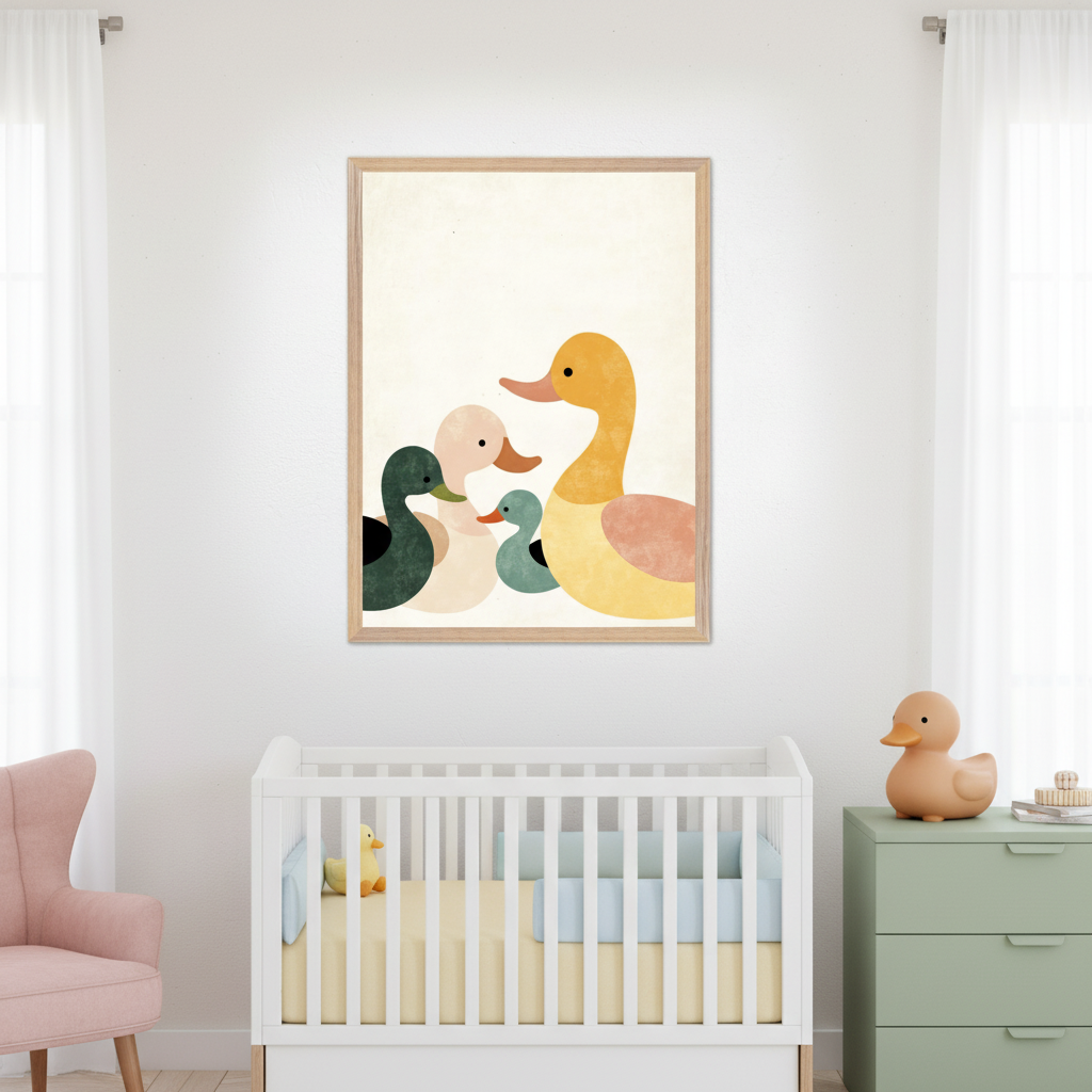 Modern nursery with a white crib, pink armchair, and green dresser. A large framed print of a family of five minimalist, colorful ducks hangs centered above the crib.