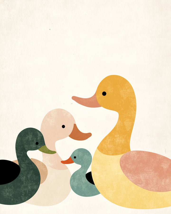 A stylized illustration of four ducks in soft muted tones, featuring a yellow adult duck with three smaller ducks in green, peach, and blue. The image has a simple, modern aesthetic with clean shapes and a creamy background.
