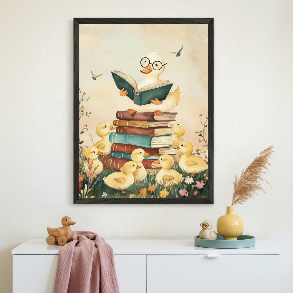 Modern room with a white dresser. A large black-framed print of a whimsical illustration depicts a duck with glasses reading on books, surrounded by ducklings in a flower field, hangs above the dresser. A wooden duck toy and a yellow vase are on the dresser.