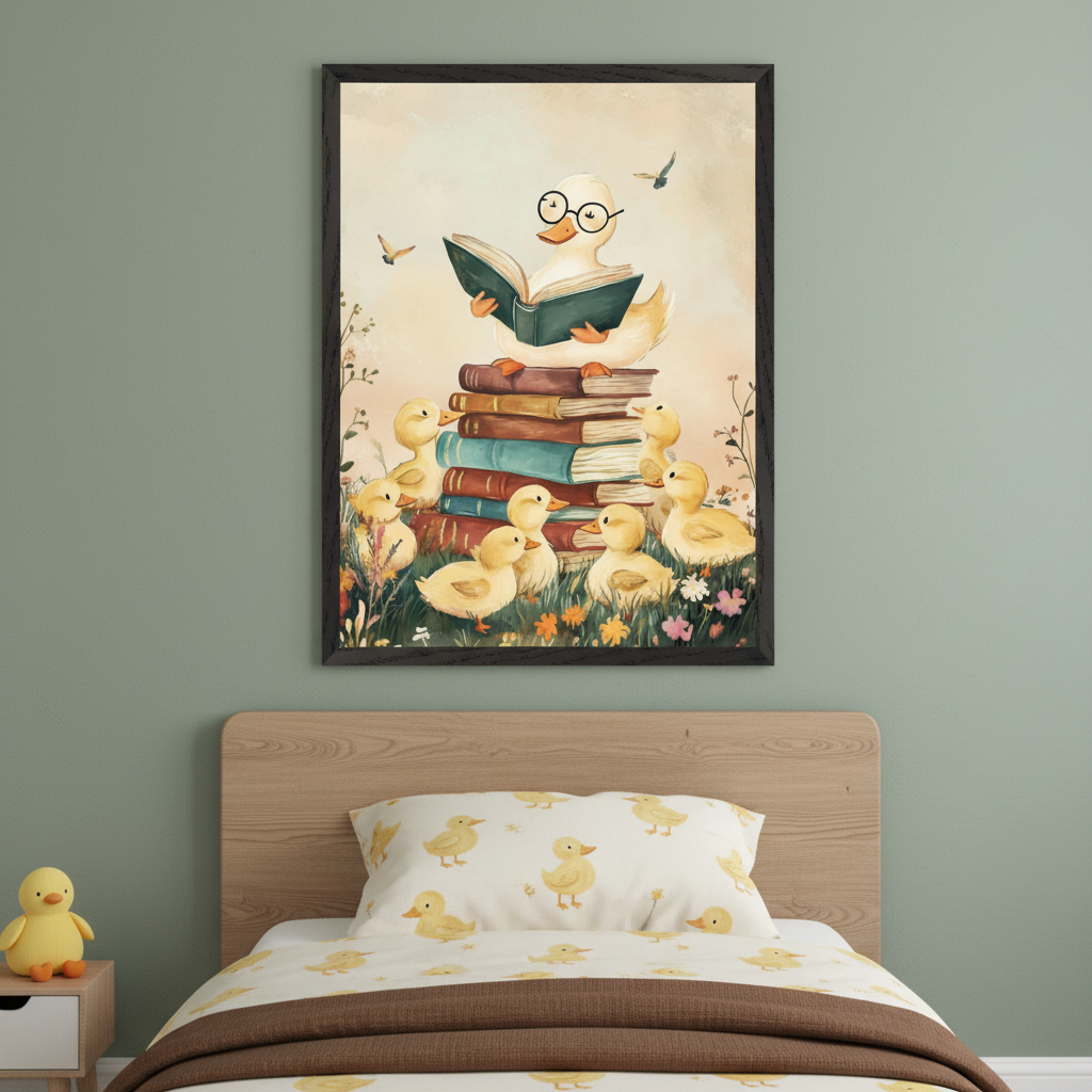 Kid's bedroom with a wooden single bed and bedside table. A large framed watercolor art of a duck in glasses reading on a stack of books, surrounded by ducklings in a garden, hangs centered above the headboard.