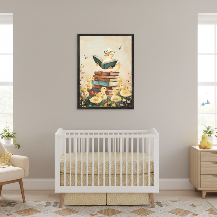 Modern nursery with a white crib. A framed print of a duck in glasses reading on a stack of books, surrounded by ducklings, hangs centered above the crib. An armchair and wooden dresser are also visible.