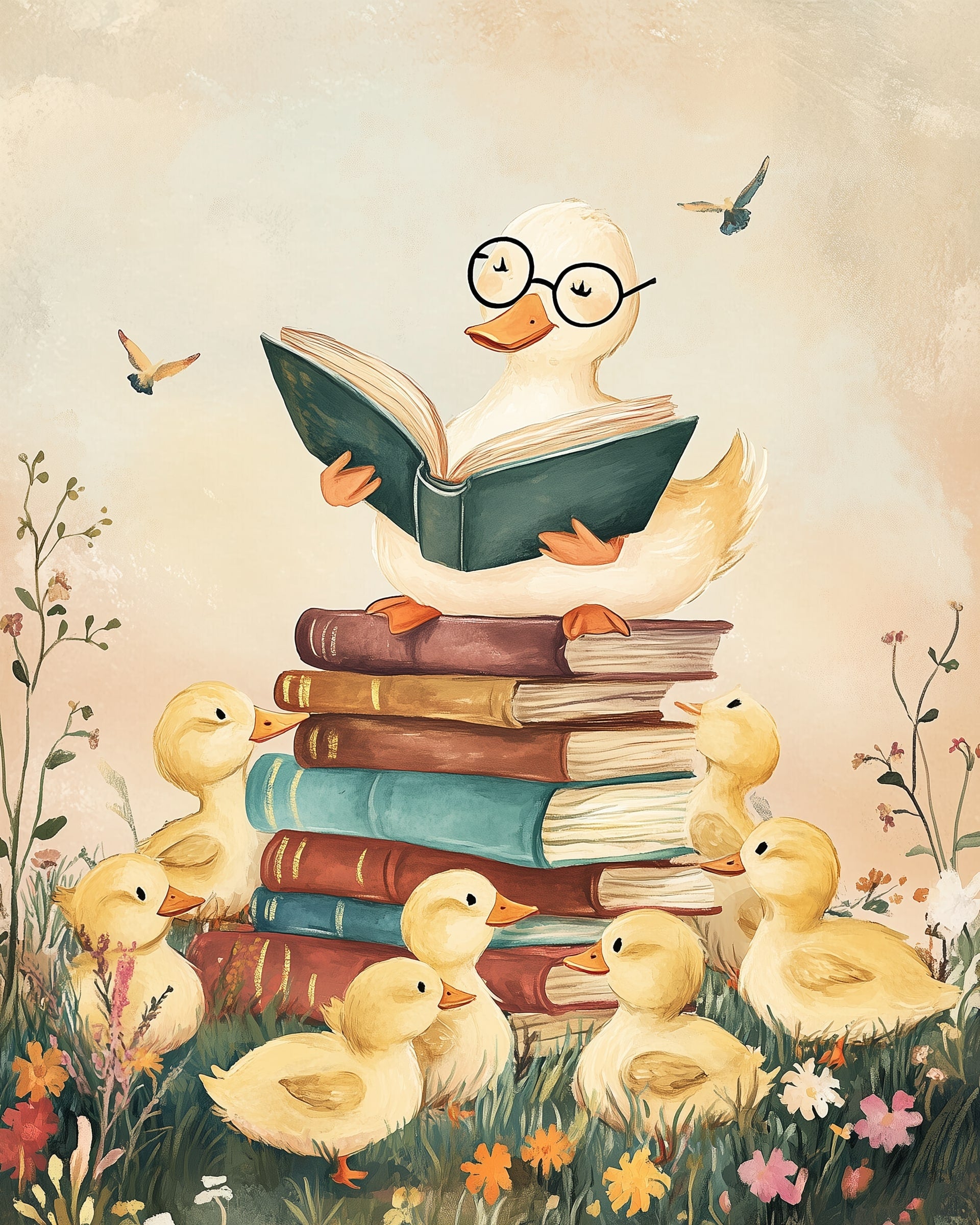 A cartoon duck wearing glasses sits atop a stack of books, happily reading aloud to a circle of ducklings gathered in a colorful flower field. The charming scene suggests a storytime moment full of warmth and learning.