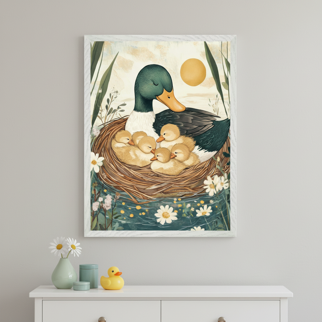 Modern room with a white dresser. A framed painting of a mother duck and five ducklings in a nest by water and plants, with a sun, hangs centered above the dresser. A green vase with daisies, small teal containers, and a yellow rubber duck sit on the dresser.
