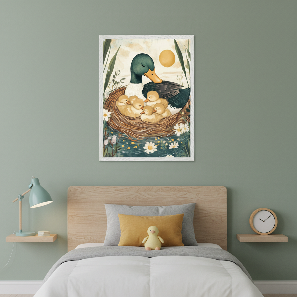 Kid's bedroom with a bed and wooden headboard against a green wall. A framed illustrative print of a mother duck with ducklings in a nest surrounded by flowers and a sun hangs centered above the bed.